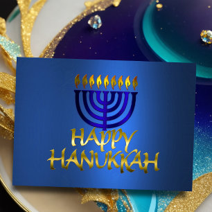 Cartes Pour Fêtes Annuelles Golden Menorah Flames Happy Hanoukka sur Blue