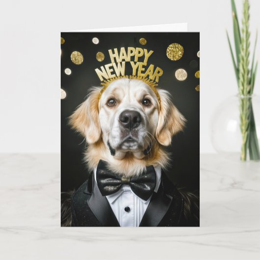 Cartes Pour Fêtes Annuelles Golden Retriever en smoking pour le Nouvel An (Devant)
