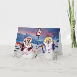Cartes Pour Fêtes Annuelles Golden Retriever Snowwomen Nourrir des oiseaux