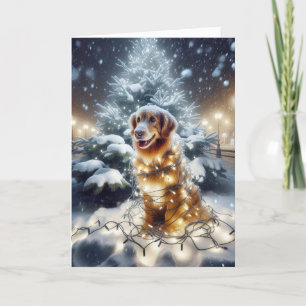 Cartes Pour Fêtes Annuelles Golden Retriever Tangé Dans Les Lumières De Noël