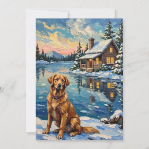 Cartes Pour Fêtes Annuelles Golden Retriever vintage au bord du lac à Noël