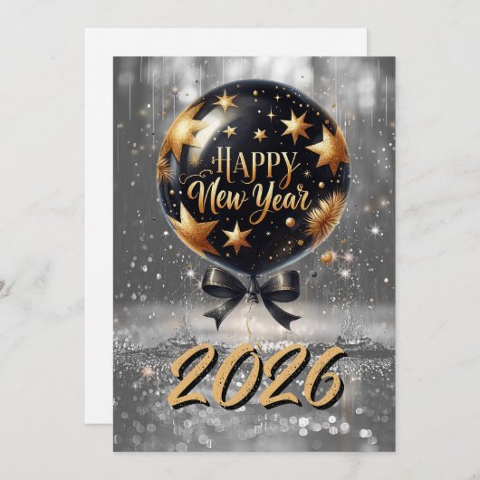 Cartes Pour Fêtes Annuelles Golden Sparkle New Year Balloon with 2026 Glow (Devant / Derrière)