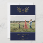 Cartes Pour Fêtes Annuelles Golden Winter Sprigs Monogramme Photo Bleu<br><div class="desc">Golden Sprigs monogramme hiver,  carte photo de vacances en bleu festif. Fonctionnalités de carte correspondant à la sauvegarde motif et plusieurs lignes de modèle pour votre salutation personnalisée.</div>