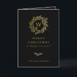 Cartes Pour Fêtes Annuelles Golden Winter Wire Black<br><div class="desc">Élégant monogramme de couronne d'hiver doré,  carte de voeux de vacances en noir classique. Fonctionnalités de carte correspondant au motif à l'intérieur et à plusieurs lignes de modèle pour votre salutation personnalisée.</div>
