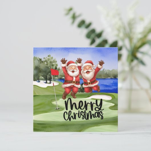 Cartes Pour Fêtes Annuelles Golf Noël Santa Claus avec drapeau vert (Debout devant)