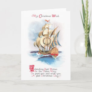 Cartes Pour Fêtes Annuelles Grand bateau sur la haute mer Vintage Noël