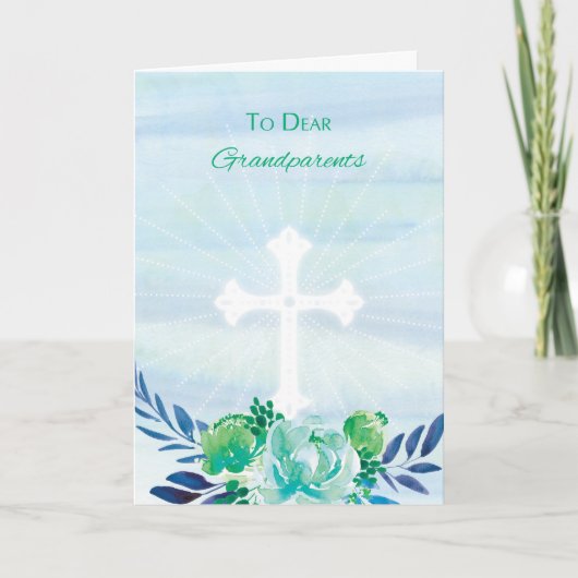 Cartes Pour Fêtes Annuelles Grands-parents Fleurs bleues Turquoises avec Croix (Devant)