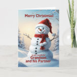 Cartes Pour Fêtes Annuelles Grandson et son partenaire Christmas Snowman<br><div class="desc">Une scène d'hiver festive montrant un joyeux bonhomme de neige dans un casquette rouge et foulard. Souhaitez à votre petit-fils et à son partenaire un joyeux Noël avec une belle carte de bonhomme de neige.</div>