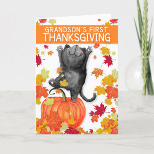 Cartes Pour Fêtes Annuelles Grandson's 1st Thanksgiving Dancing Black Cat