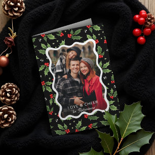 Cartes Pour Fêtes Annuelles Gras Black Christmas Holly Wavy Frame Photo
