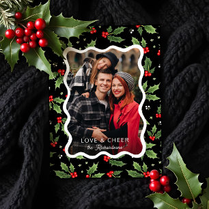 Cartes Pour Fêtes Annuelles Gras Black Christmas Holly Wavy Frame Photo