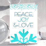 Cartes Pour Fêtes Annuelles Gras Turquoise Snowflake Paix Joie Amour Typograph<br><div class="desc">"Paix, joie et amour." Une illustration géante, amusante, ludique et turquoise de faux flocons de neige et la typographie moderne sur un arrière - plan blanc vous aident à inaugurer la saison des fêtes. Une bordure en confetti turquoise encadre le sommet. Votre accueil personnalisé se trouve à l'intérieur. Sentez la...</div>