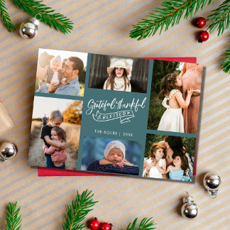 Cartes Pour Fêtes Annuelles Grateful Blessé Famille Photo Turquoise Plaid Noël