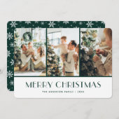 Cartes Pour Fêtes Annuelles Green and White Snowflakes Photo Christmas Card (Devant / Derrière)