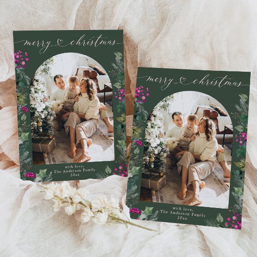 Cartes Pour Fêtes Annuelles Green Bohemian 1 Photo Elegant Christmas Card