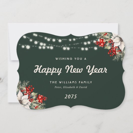 Cartes Pour Fêtes Annuelles Green Botanical String Lights New Year Card (Devant)