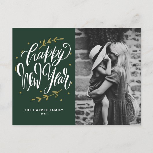 Cartes Pour Fêtes Annuelles Green Calligraphy and Wreath New Year Photo (Devant)