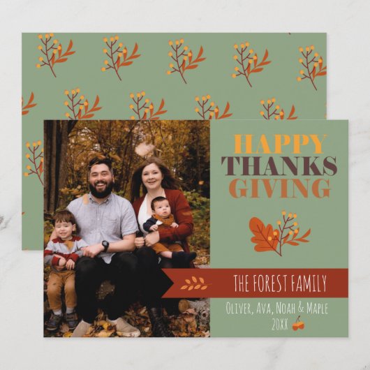 Cartes Pour Fêtes Annuelles Green Fall Thanksgiving Photo Custom (Devant / Derrière)