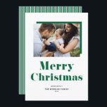 Cartes Pour Fêtes Annuelles Green Festive Bold Typographie Noël Photo<br><div class="desc">Joyeux Noël! Envoyez des salutations festives cette saison de Noël avec cette carte photo de Noël personnalisable. Il dispose d'une typographie verte et audacieuse et de motif à rayures. Personnalisez en ajoutant une photo, des noms, l'année et d'autres détails. Cette carte à plat de Noël de typographie moderne est disponible...</div>