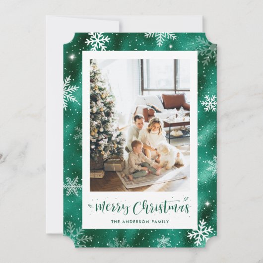 Cartes Pour Fêtes Annuelles Green Foil Snowy Photo Joyeux Noël (Devant)