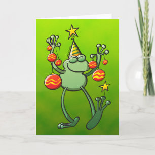 Cartes Pour Fêtes Annuelles Green Frog Celebrating with Christmas Baubles