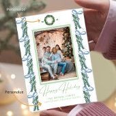 Cartes Pour Fêtes Annuelles Green Garland with Blue Bow With and a Ornament