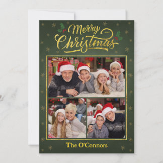 Cartes Pour Fêtes Annuelles Green & Gold Script Merry Christmas Collage Card