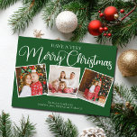 Cartes Pour Fêtes Annuelles Green Have a Very Joyry Christmas 3 Photo Collage<br><div class="desc">Vert festif Avoir un très joyeux Noël 3 carte photo avec belle calligraphie en blanc. Cette mignonne carte à trois photos de famille classique de vacances avec un script magnifique et votre nom sous le mignon collage photo carré.</div>