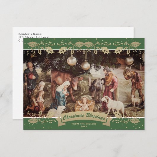 Cartes Pour Fêtes Annuelles Green Holly Nativité Scene Christian Photo (Devant / Derrière)