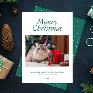 Cartes Pour Fêtes Annuelles Green "Meowy Christmas" Photo personnalisée