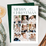 Cartes Pour Fêtes Annuelles Green Modern Christmas 9 Photo Collage<br><div class="desc">Carte photo moderne de Noël avec "Joyeux Noël" affichée en haut du design en lettrage vert tendance avec un arrière - plan blanc. Un collage photo de 9 photos est présenté ci-dessous dans une mise en page en grille. Personnalisez la carte de Noël multiphoto avec votre nom de famille. La...</div>