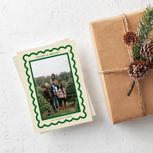 Cartes Pour Fêtes Annuelles Green on Cream Simple Scallop Photo Frame