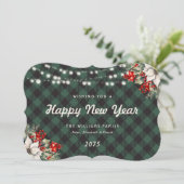 Cartes Pour Fêtes Annuelles Green Plaid Botanical String Lights New Year Card (Debout devant)