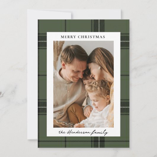 Cartes Pour Fêtes Annuelles Green Plaid Elegant Custom Two Photo Christmas (Devant)
