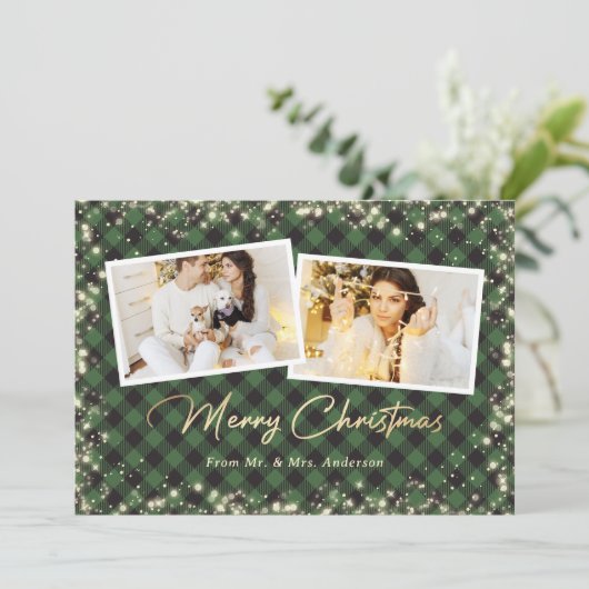 Cartes Pour Fêtes Annuelles Green Plaid Gold Newlyweets Photo Joyeux Noël (Debout devant)