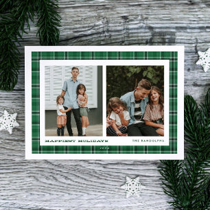 Cartes Pour Fêtes Annuelles Green Plaid Joyeuses Vacances Double Photo