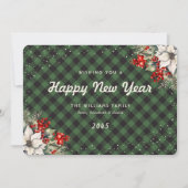 Cartes Pour Fêtes Annuelles Green Plaid Snow Botanical New Year Card (Devant)