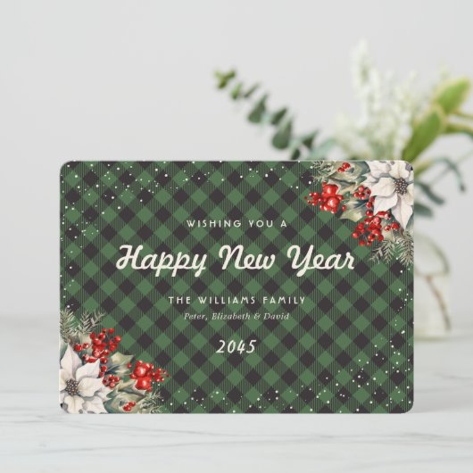 Cartes Pour Fêtes Annuelles Green Plaid Snow Botanical New Year Card (Debout devant)