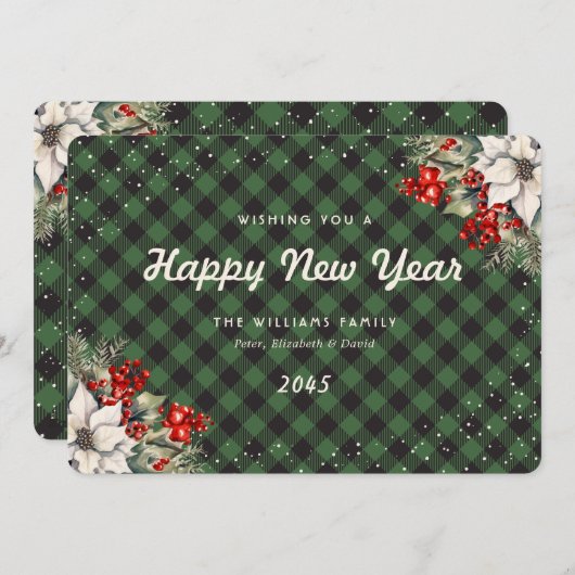 Cartes Pour Fêtes Annuelles Green Plaid Snow Botanical New Year Card (Devant / Derrière)