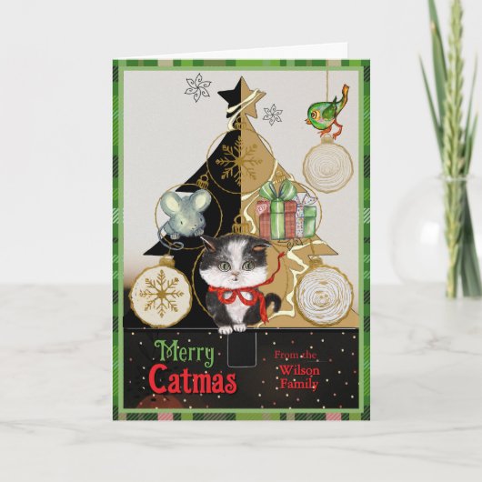 Cartes Pour Fêtes Annuelles Green Plaid Split-Tree Catmas Card | Cute Kitten (Devant)