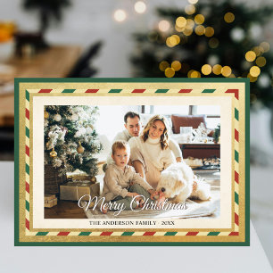 Cartes Pour Fêtes Annuelles Green Red Stripes Joyeux Noël Retro Gold Photo