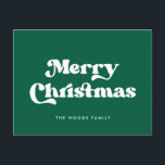 Cartes Pour Fêtes Annuelles Green Retro Vintage Font Joyeux Noël<br><div class="desc">Joyeuse Carte postale de Noël : un design rétro classique,  avec une typographie d'inspiration vintage et un arrière - plan vert classique.</div>