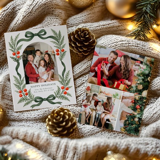 Cartes Pour Fêtes Annuelles Green Ribbon Holiday Card with Photo Grid on Back
