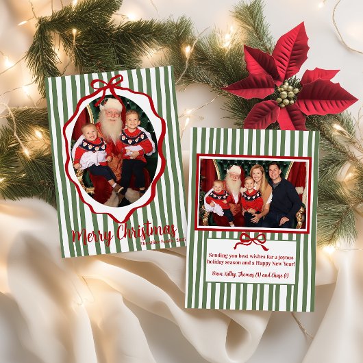 Cartes Pour Fêtes Annuelles Green Stripe & Red Ribbon Frame Christmas