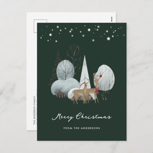 Cartes Pour Fêtes Annuelles Green Winter Scène Stars Forêt Cerf Noël (Devant / Derrière)