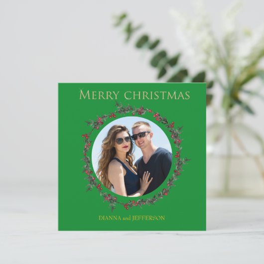 Cartes Pour Fêtes Annuelles Greenery Holly Wreath that encloses your photo (Debout devant)