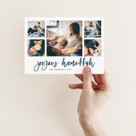 Cartes Pour Fêtes Annuelles Grille photo multiscript décontracté | Hanoukka jo<br><div class="desc">Cette simple carte de voeux familiale bleue et blanche présente une typographie décontractée et moderne qui dit "Joyous Hanoukka",  avec une grille de cinq photos à l'avant et une autre à l'arrière.</div>