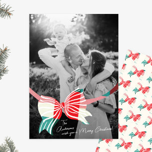 Cartes Pour Fêtes Annuelles Grosse Photo Vert & Rouge Plaid Lié Avec Bow