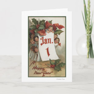 Cartes Pour Fêtes Annuelles Groupe d'enfants se cachant derrière le calendrier