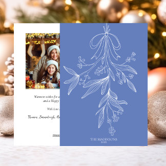 Cartes Pour Fêtes Annuelles Gui de gui et nœud de Noël bleu à main levée